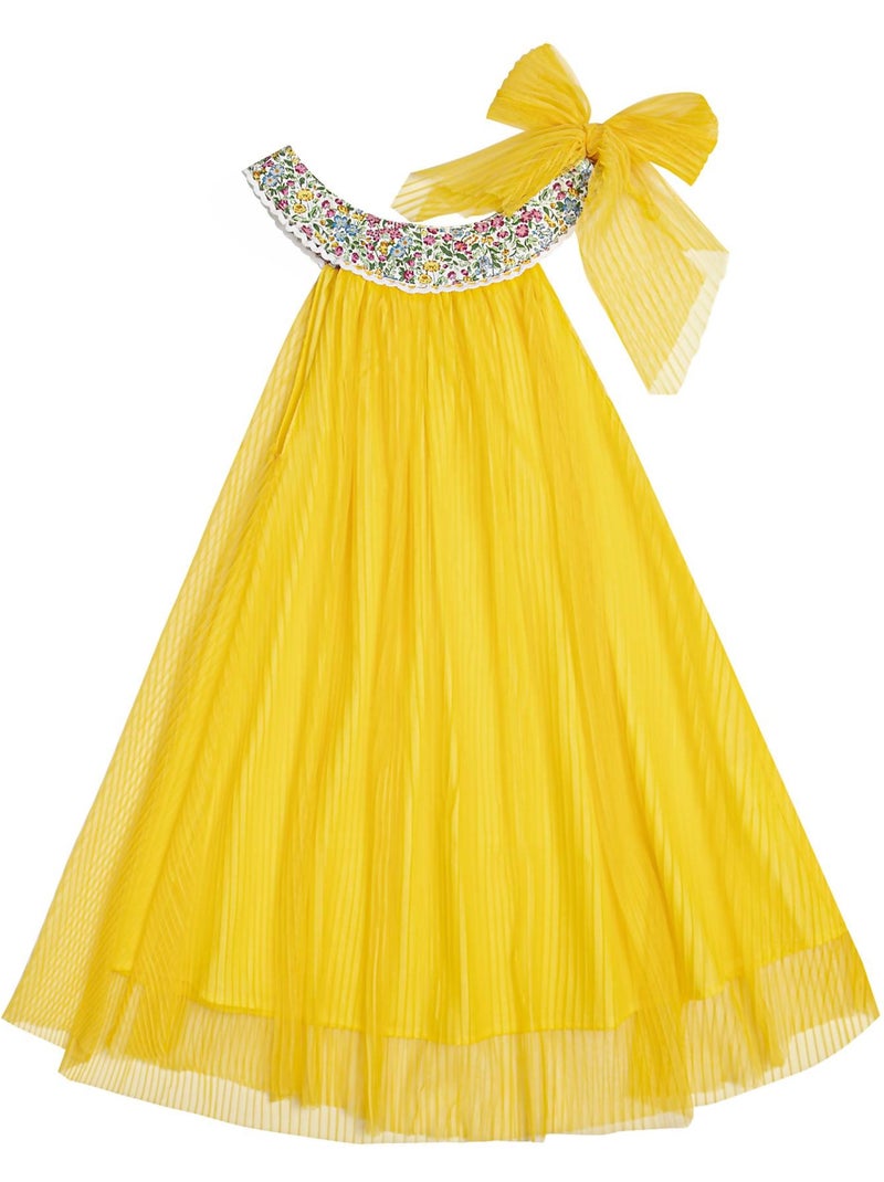 Vestido de ceremonia para niña | Tul amarillo, cuello floral Liberty lila | ALIZEE Amarillo claro - Kiabi