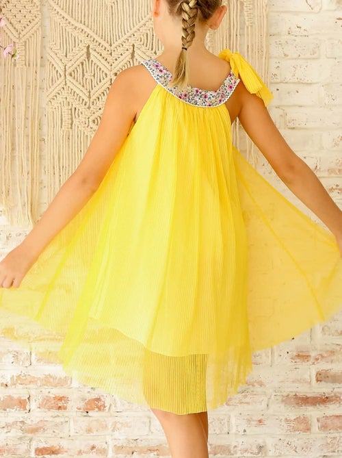 Vestido de ceremonia para niña | Tul amarillo, cuello floral Liberty lila | ALIZEE - Kiabi