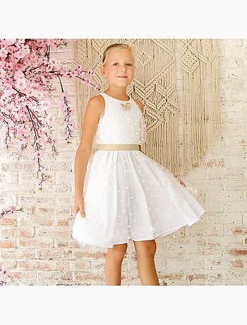 Vestido de ceremonia para niña | Tul blanco, lino dorado | HEPBURN