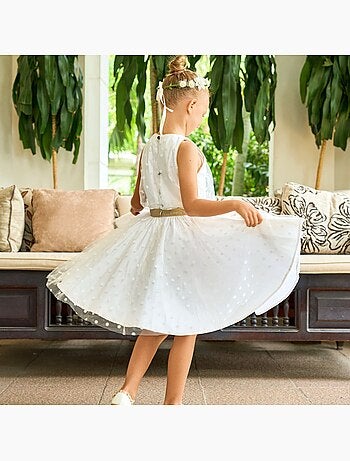 Vestido de ceremonia para niña | Tul blanco, lino dorado | HEPBURN