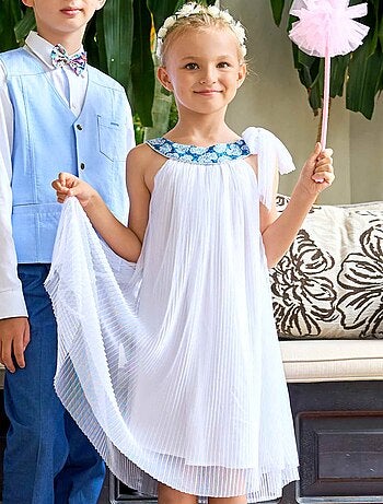 Vestido de ceremonia para niña | Tul blanco y flores azul real | ALIZEE