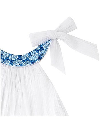 Vestido de ceremonia para niña | Tul blanco y flores azul real | ALIZEE