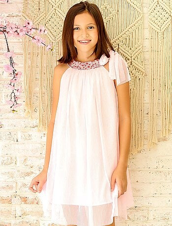 Vestido de ceremonia para niña | Tul amarillo, cuello floral Liberty lila | ALIZEE