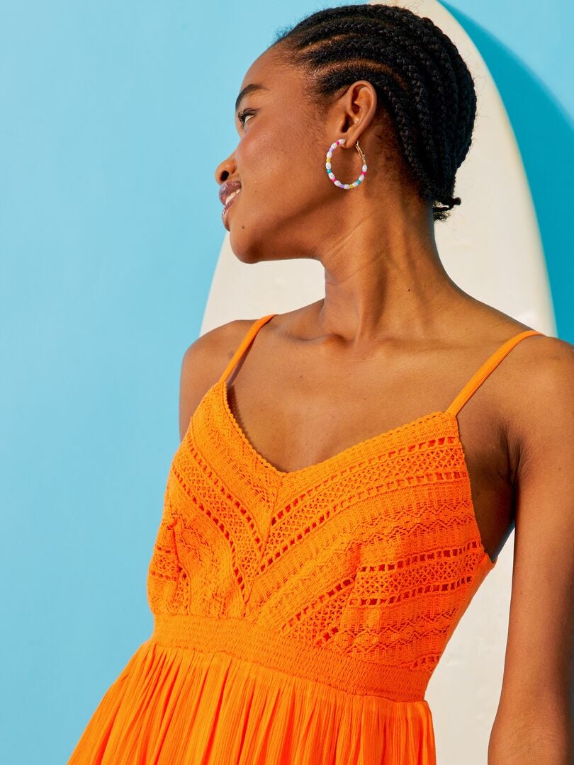 Vestido de crespón con ganchillo Naranja - Kiabi
