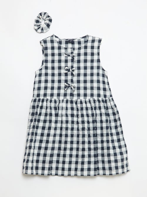 Vestido de cuadros vichy de manga corta con lazo + coletero - Kiabi