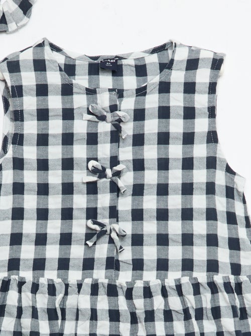 Vestido de cuadros vichy de manga corta con lazo + coletero - Kiabi