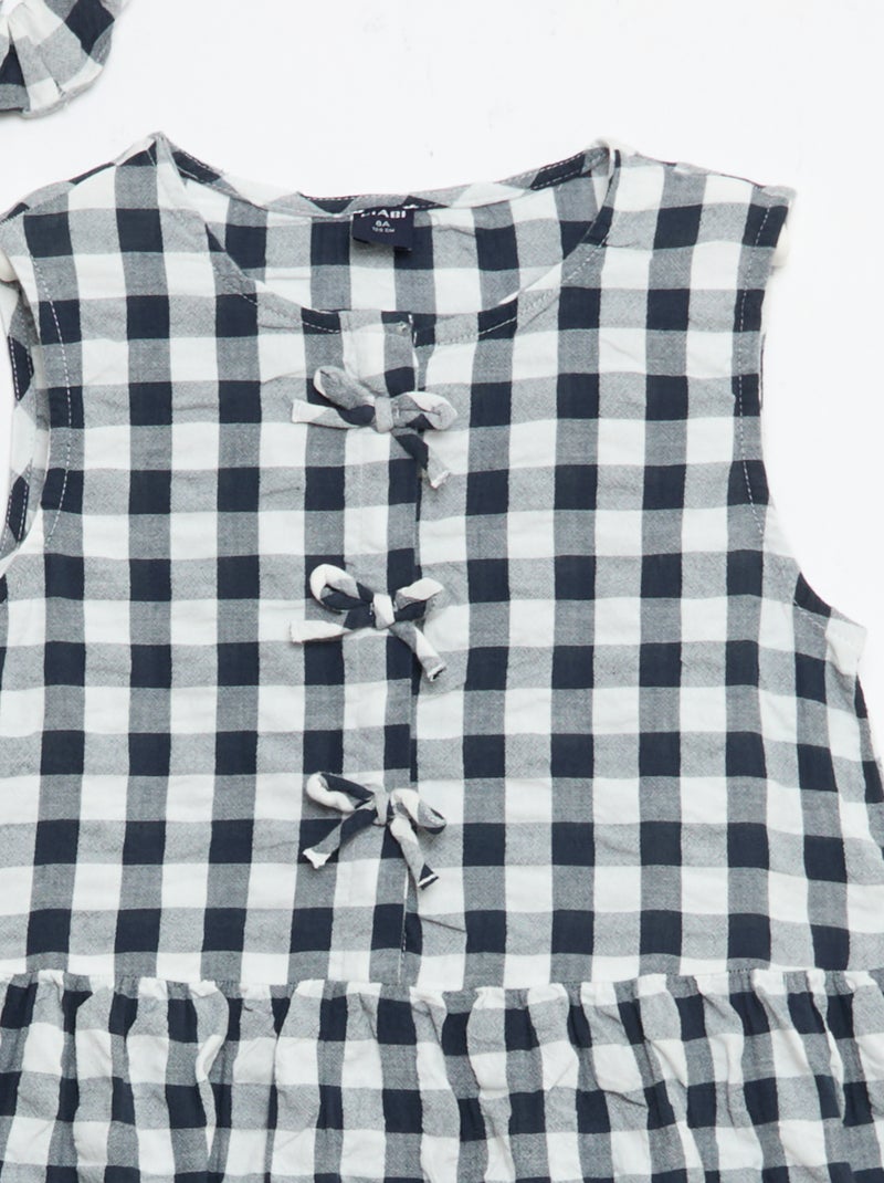 Vestido de cuadros vichy de manga corta con lazo + coletero Azul - Kiabi