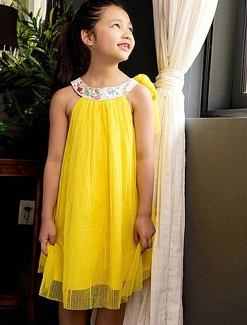 Vestido de dama de honor amarillo para niña | Cuello floral | ALIZEE
