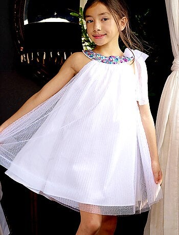 Vestido de dama de honor blanco para niña | Cuello floral violeta | ALIZEE