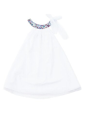 Vestido de dama de honor blanco para niña | Cuello floral violeta | ALIZEE