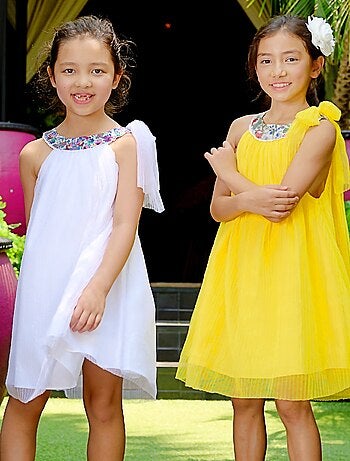 Vestido de dama de honor blanco para niña | Cuello floral violeta | ALIZEE