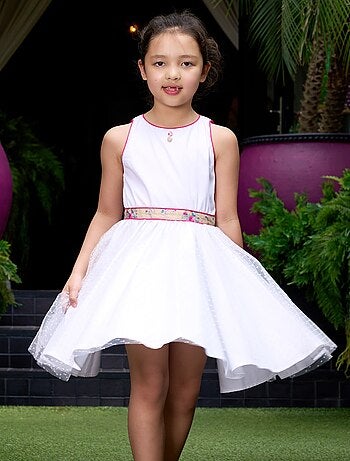 Vestido de dama de honor blanco para niña | Floral rosa y beige | HEPBURN