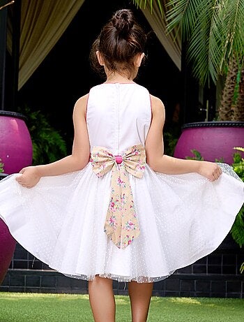 Vestido de dama de honor blanco para niña | Floral rosa y beige | HEPBURN