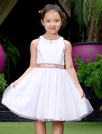 Vestido de dama de honor blanco para niña | Floral rosa y beige | HEPBURN