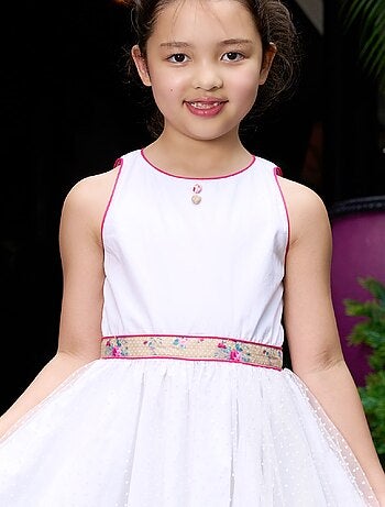 Vestido de dama de honor blanco para niña | Floral rosa y beige | HEPBURN