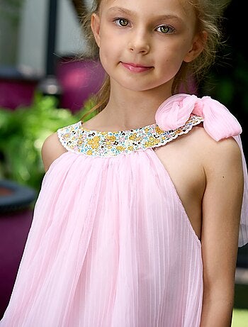 Vestido de ceremonia para niña | Tul amarillo, cuello floral Liberty lila | ALIZEE