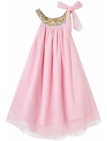 Vestido de ceremonia para niña | Tul amarillo, cuello floral Liberty lila | ALIZEE