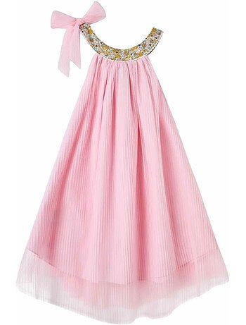 Vestido de ceremonia para niña | Tul amarillo, cuello floral Liberty lila | ALIZEE