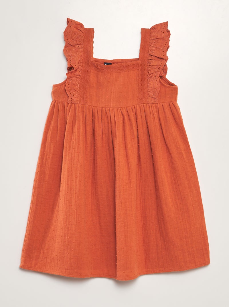 Vestido de doble gasa de algodón + bordado naranja - Kiabi