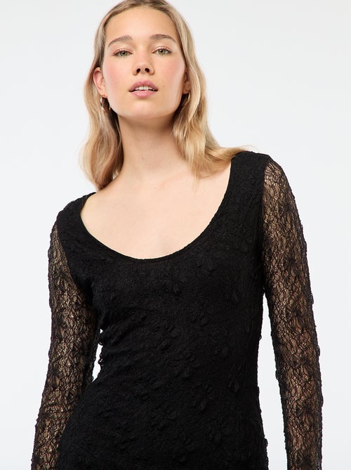 Vestido de encaje liso de manga larga - Kiabi