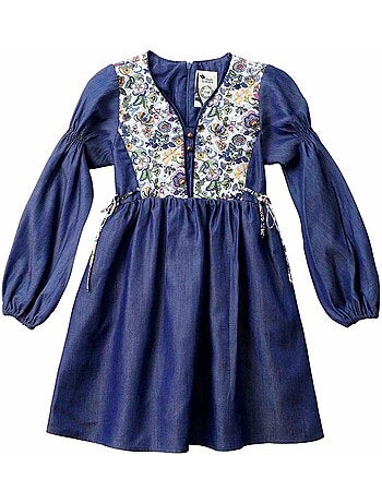 Vestido de Entretiempo de Algodón Azul con Flores Liberty Rosas para Niña | MARGOT
