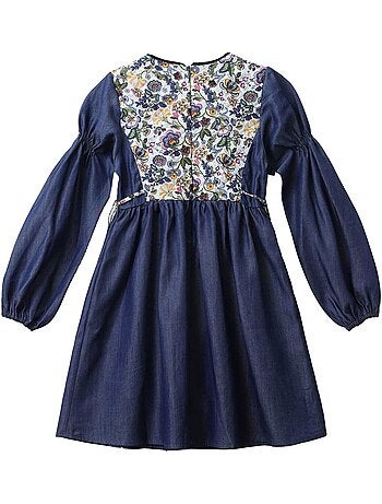 Vestido de Entretiempo de Algodón Azul con Flores Liberty Rosas para Niña | MARGOT