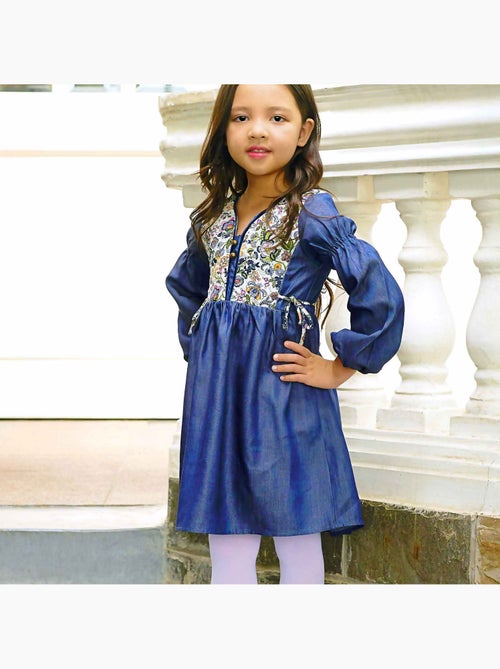 Vestido de Entretiempo de Algodón Azul con Flores Liberty Rosas para Niña | MARGOT - Kiabi