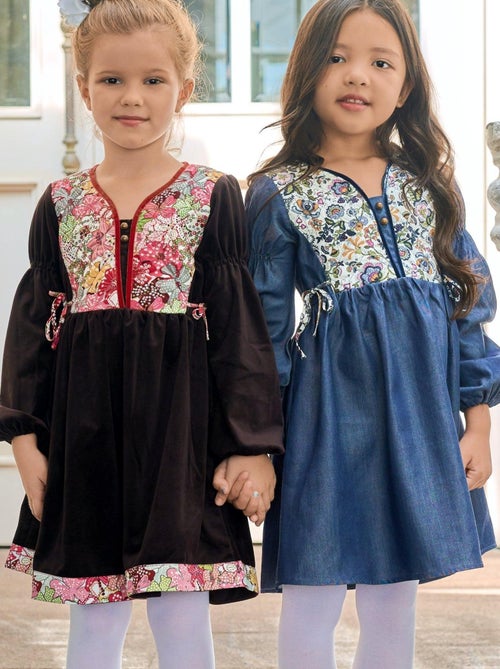 Vestido de Entretiempo de Algodón Azul con Flores Liberty Rosas para Niña | MARGOT - Kiabi
