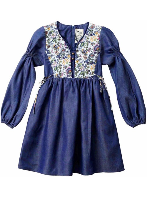 Vestido de Entretiempo de Algodón Azul con Flores Liberty Rosas para Niña | MARGOT - Kiabi