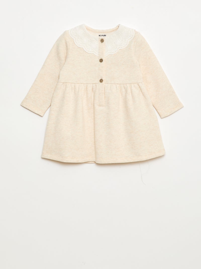 Vestido de felpa con cuello de gasa de algodón bordado Beige - Kiabi