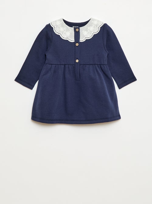 Vestido de felpa con cuello de gasa de algodón bordado - Kiabi
