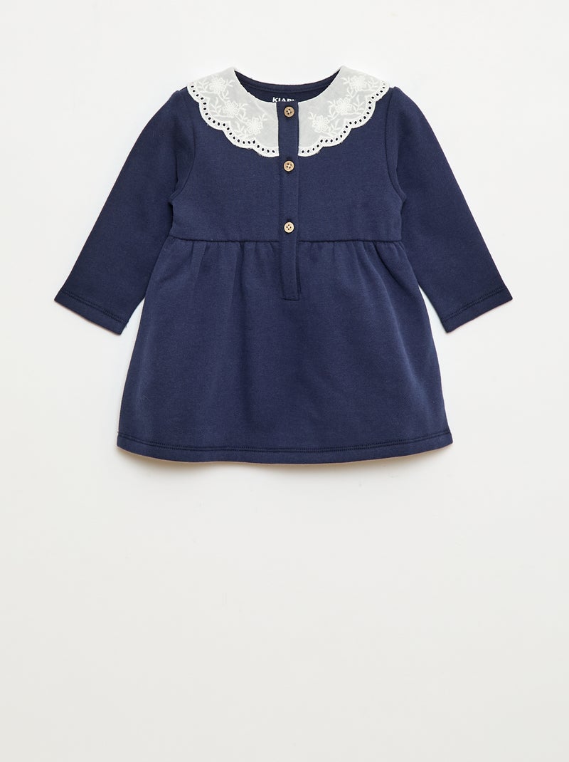 Vestido de felpa con cuello de gasa de algodón bordado Negro - Kiabi