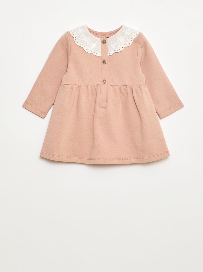 Vestido de felpa con cuello de gasa de algodón bordado Rosa - Kiabi