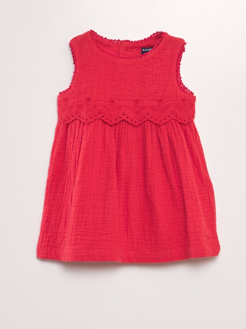 Vestido de gasa de algodón con bordados ROJO - Kiabi