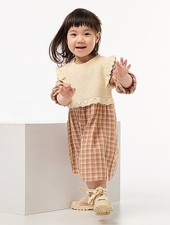 Vestido de gasa de algodón con efecto 2 en 1 chaleco de crochet