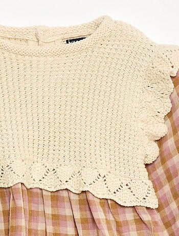 Vestido de gasa de algodón con efecto 2 en 1 chaleco de crochet
