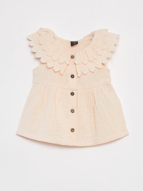 Vestido de gasa de algodón con volante en el cuello - Kiabi