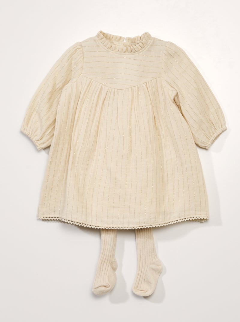 Vestido de gasa de algodón + leotardos - 2 piezas BLANCO - Kiabi