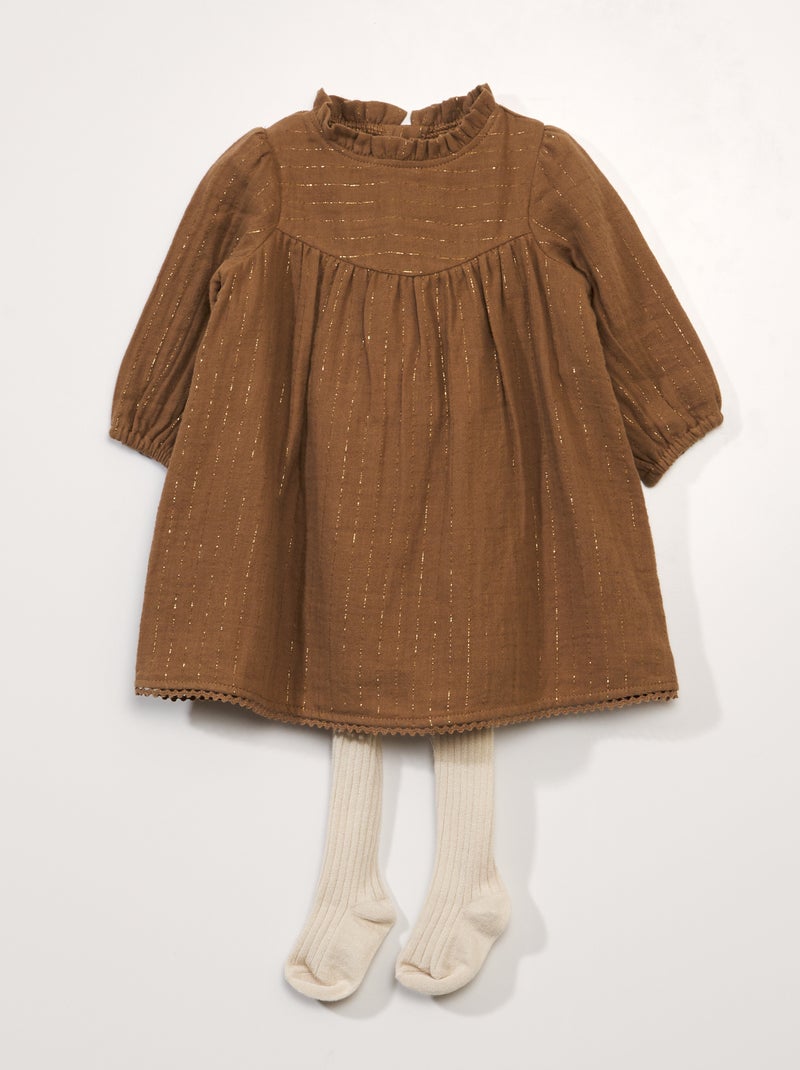 Vestido de gasa de algodón + leotardos - 2 piezas MARRON - Kiabi