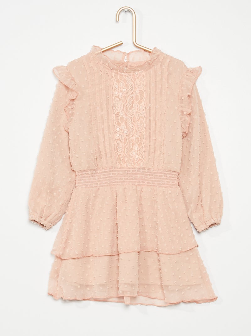 Vestido de gasa de plumeti y encaje rosa - Kiabi
