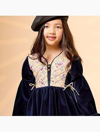 Vestido de Invierno para Niña | Terciopelo Azul Marino, Floral Rosa | MARGOT