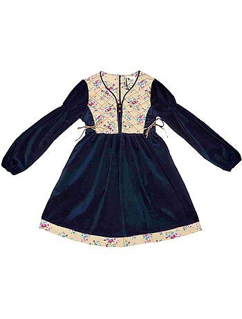 Vestido de Invierno para Niña | Terciopelo Azul Marino, Floral Rosa | MARGOT