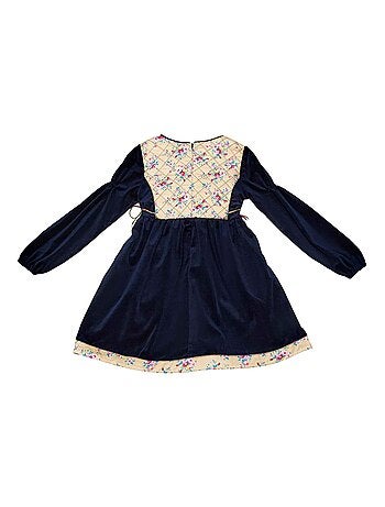 Vestido de Invierno para Niña | Terciopelo Azul Marino, Floral Rosa | MARGOT