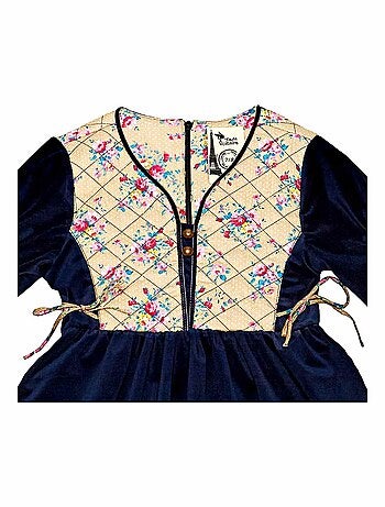 Vestido de Invierno para Niña | Terciopelo Azul Marino, Floral Rosa | MARGOT