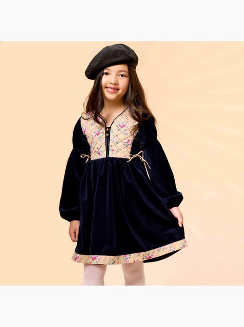 Vestido de Invierno para Niña | Terciopelo Azul Marino, Floral Rosa | MARGOT - Kiabi