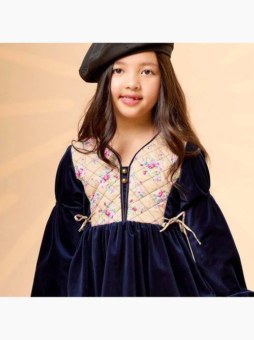 Vestido de Invierno para Niña | Terciopelo Azul Marino, Floral Rosa | MARGOT - Kiabi