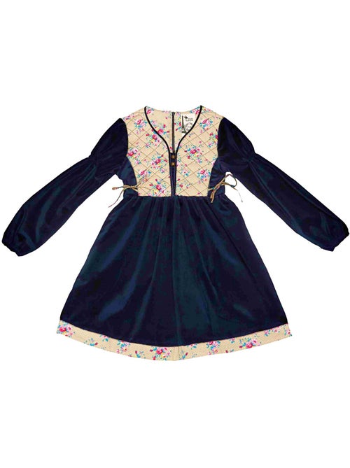 Vestido de Invierno para Niña | Terciopelo Azul Marino, Floral Rosa | MARGOT - Kiabi