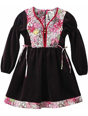 Vestido de Invierno para Niña | Terciopelo Marrón con Flores Liberty Rojas | MARGOT