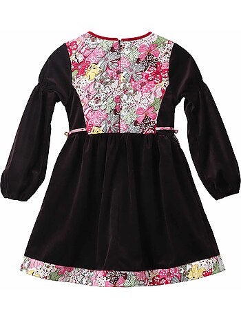Vestido de Invierno para Niña | Terciopelo Marrón con Flores Liberty Rojas | MARGOT