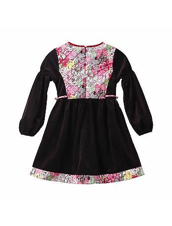 Vestido de Invierno para Niña | Terciopelo Marrón con Flores Liberty Rojas | MARGOT